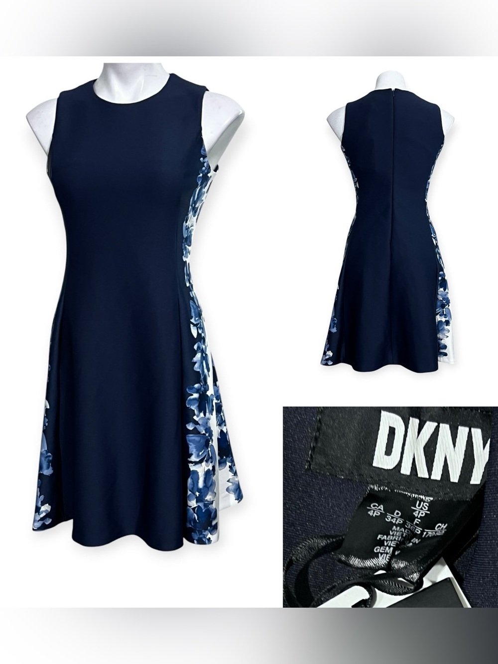 DKNY dress 4p blue/White Floral sleeveless scuba stretch A-line knee length